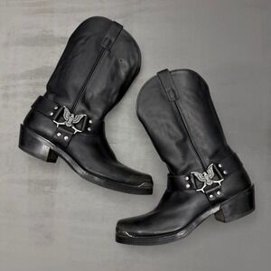 Vintage Texas Harness Western Boots Black Leather Eagle Metal Toe 11.5D 7740